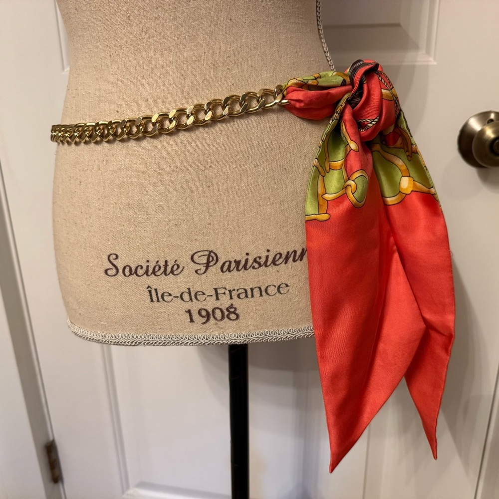 J. McLAUGHLIN BELT ORANGE GREEN SASH TIE GOLD CHAIN - Picture 2 of 9